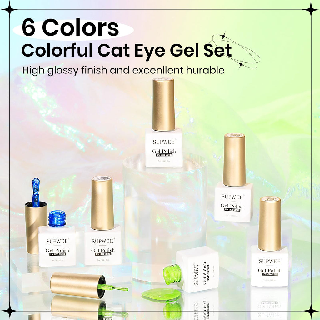 SUPWEE Neon Cat Eye Gel Nail Polish — 6 Neon Colors + Magnetic Effect for Beginner to Pro Manicures