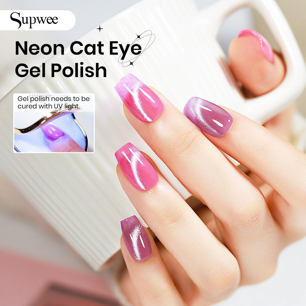 SUPWEE 12 Colors Neon Cat Eye Gel Nail Polish with Magnetic Tool – Vibrant Cat Eye Effects