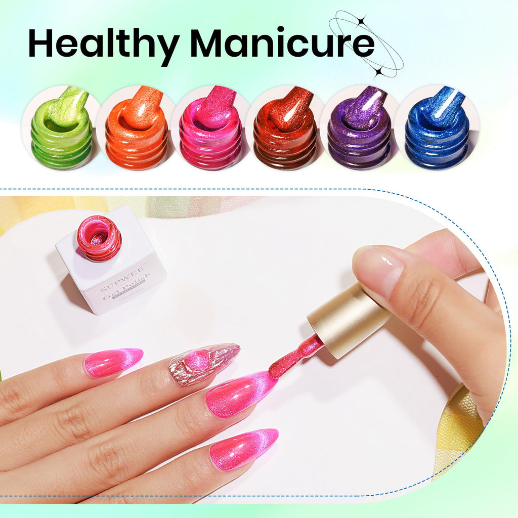 SUPWEE Neon Cat Eye Gel Nail Polish — 6 Neon Colors + Magnetic Effect for Beginner to Pro Manicures