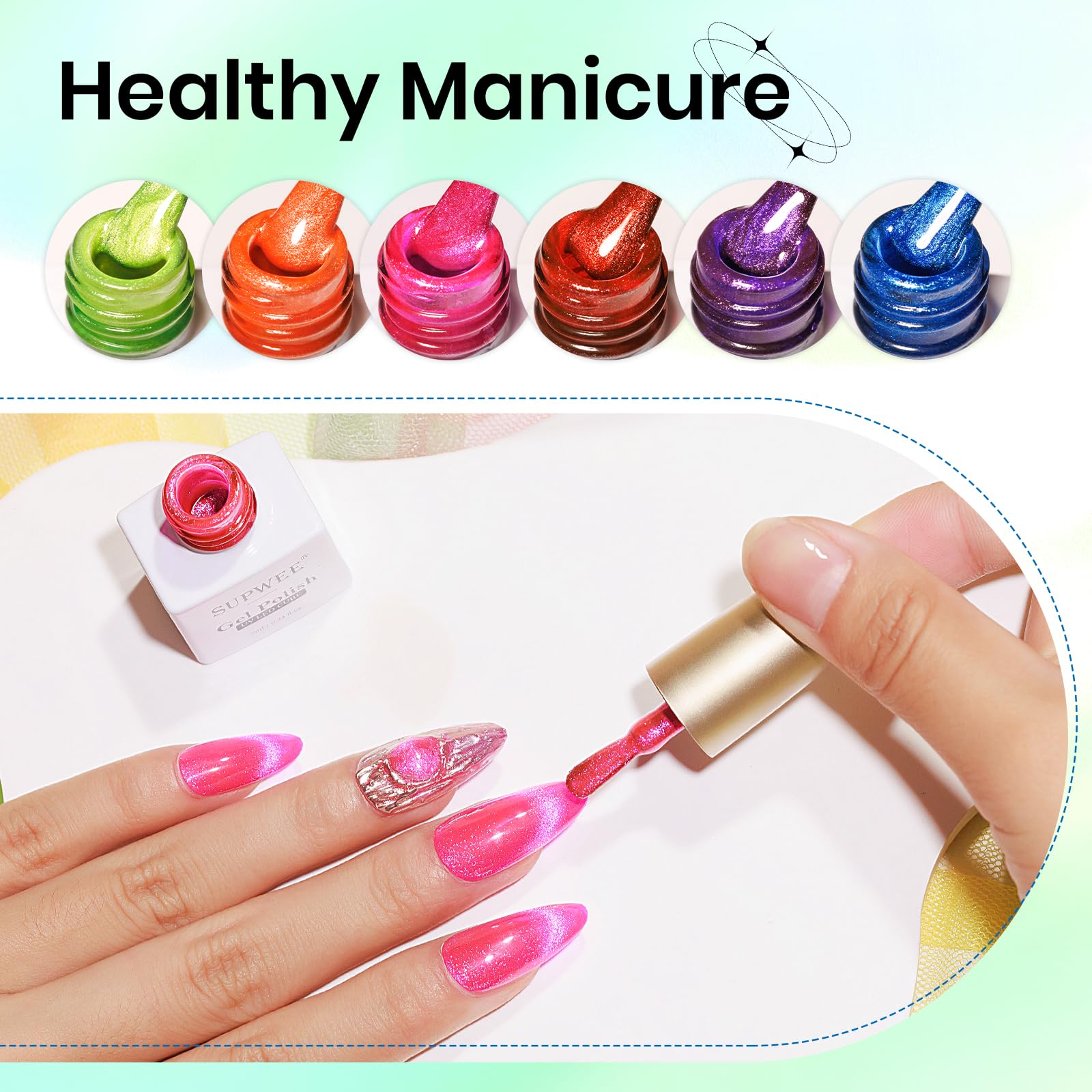 SUPWEE Neon Cat Eye Gel Nail Polish — 6 Neon Colors + Magnetic Effect for Beginner to Pro Manicures