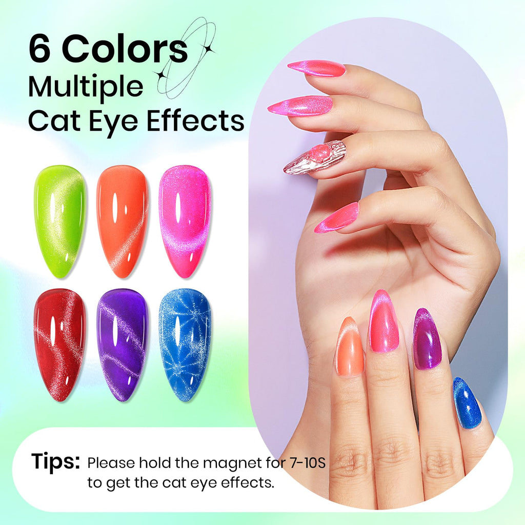 SUPWEE Neon Cat Eye Gel Nail Polish — 6 Neon Colors + Magnetic Effect for Beginner to Pro Manicures