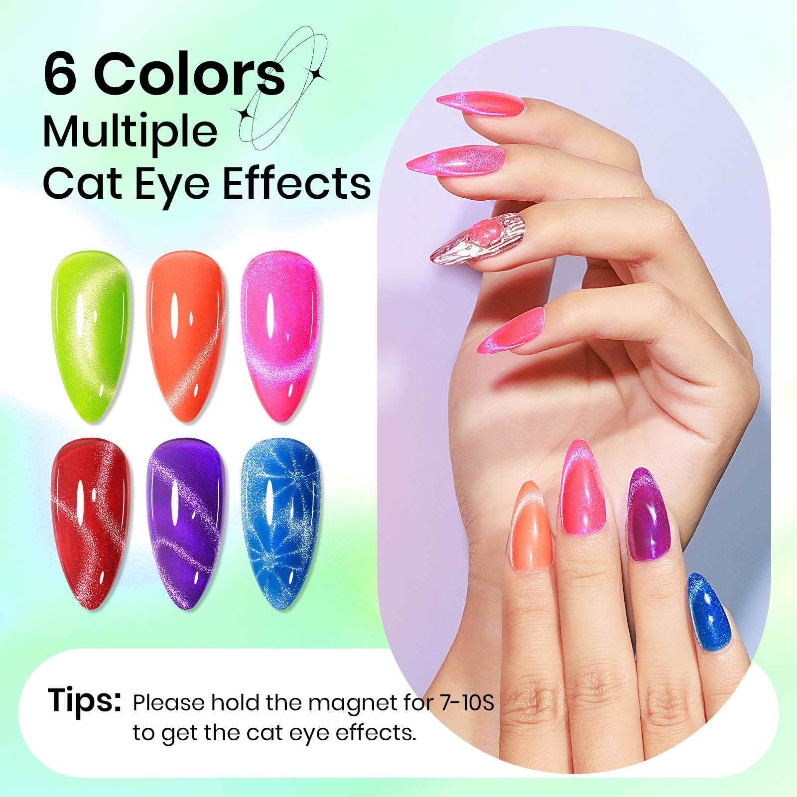SUPWEE Neon Cat Eye Gel Nail Polish — 6 Neon Colors + Magnetic Effect for Beginner to Pro Manicures