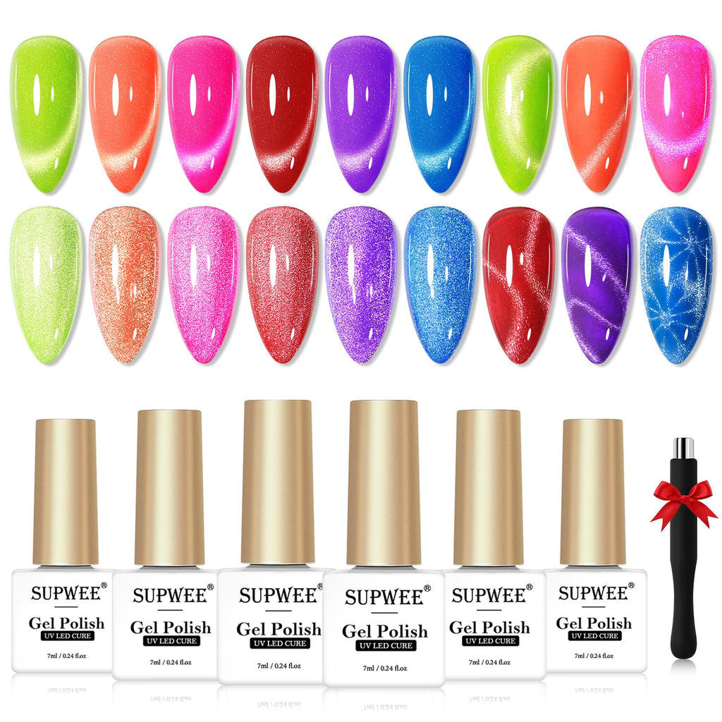 SUPWEE Neon Cat Eye Gel Nail Polish — 6 Neon Colors + Magnetic Effect for Beginner to Pro Manicures