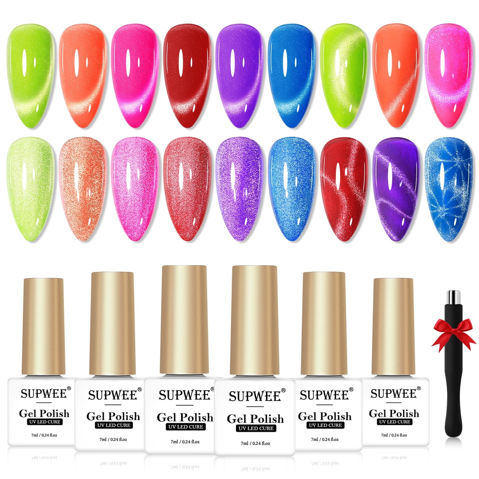 SUPWEE Neon Cat Eye Gel Nail Polish — 6 Neon Colors + Magnetic Effect for Beginner to Pro Manicures