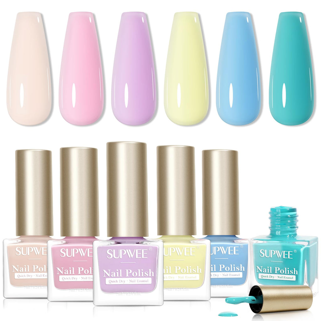 SUPWEE Pastel Nail Polish Set – Quick-Dry Macaron Shades (Pink, Yellow, Purple, Blue, Green)
