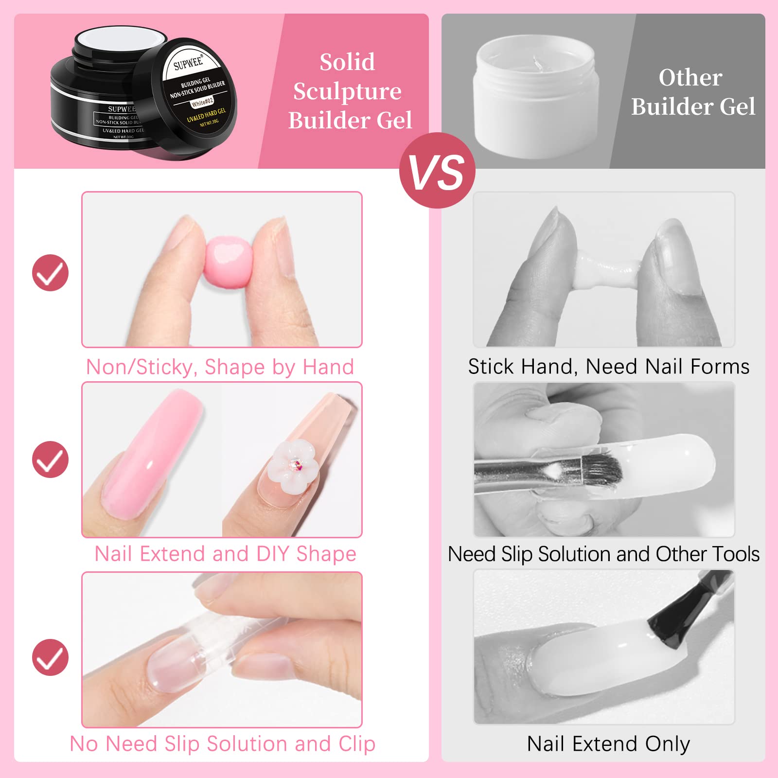 SUPWEE Solid Builder Gel for 3D Nail Art Extensions – DIY Home Kit (3 x 30g)