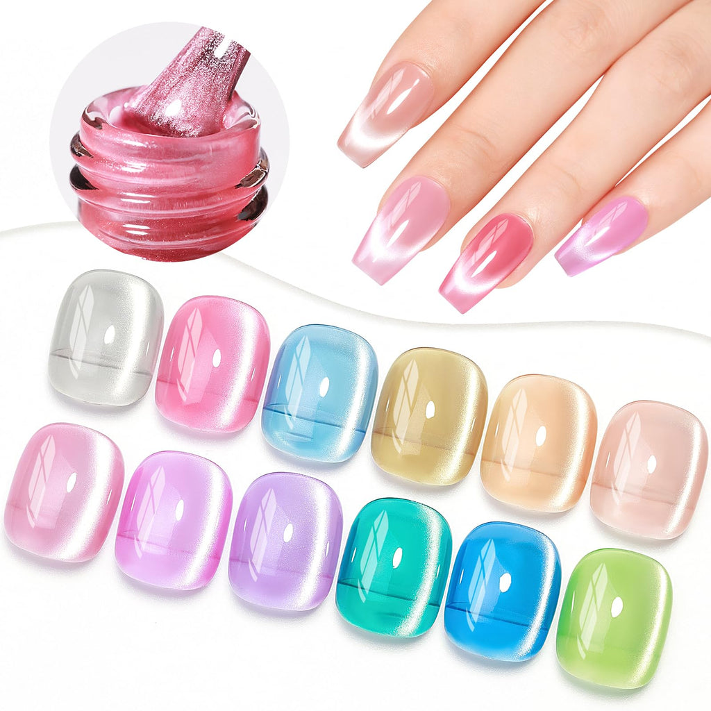 SUPWEE Cat Eye Gel Nail Polish – 12 Colors Silk Cateye Magnetic Gel Kit with Moonlight Shine