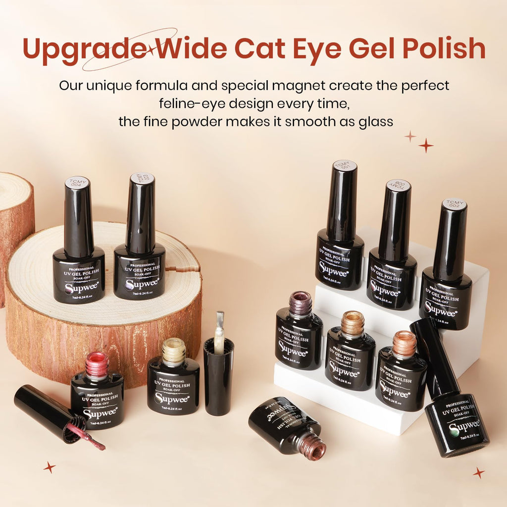 SUPWEE Magnetic Gel Nail Polish - 12 Moonlight Cat Eye Colors with Magnetic Stick