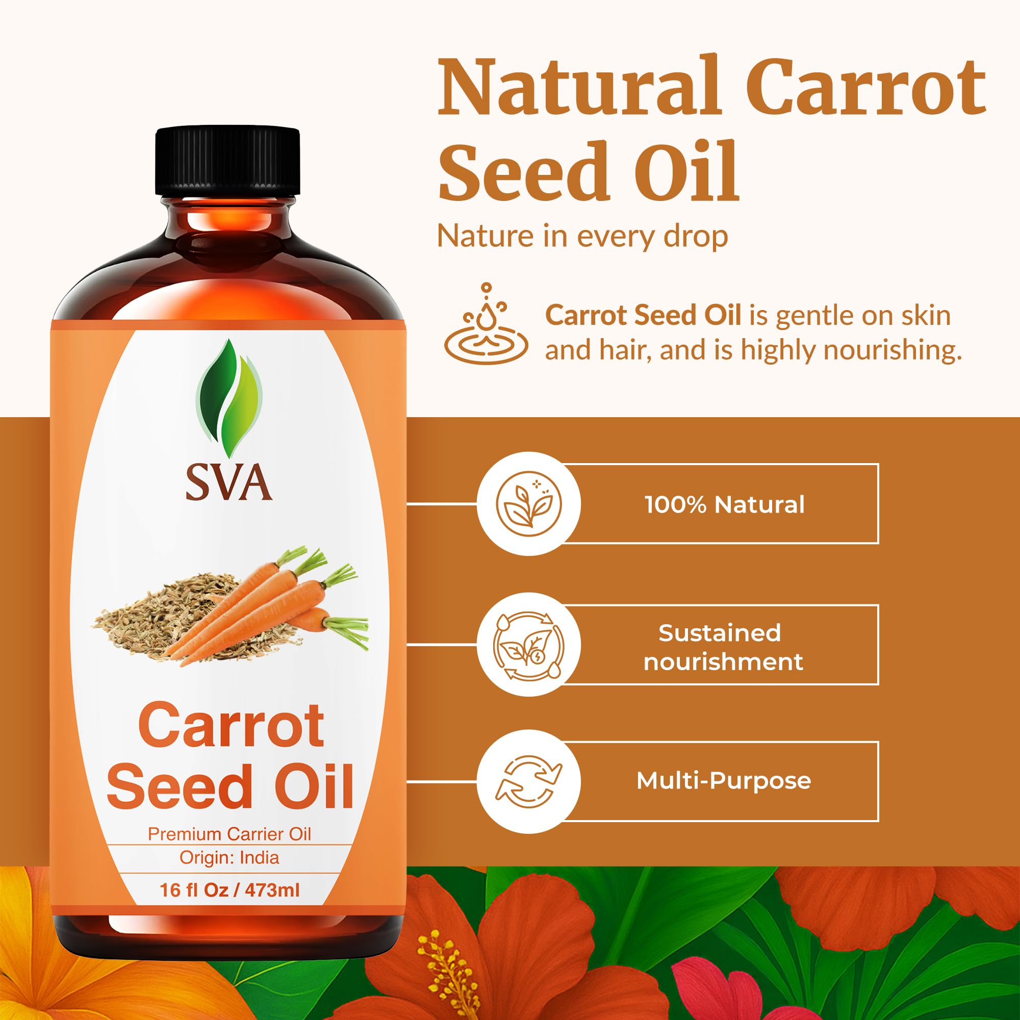 SVA Carrot Seed Oil - 16 oz | 100% Natural Cold-Pressed Carrier Oil for Face, Skin & Hair