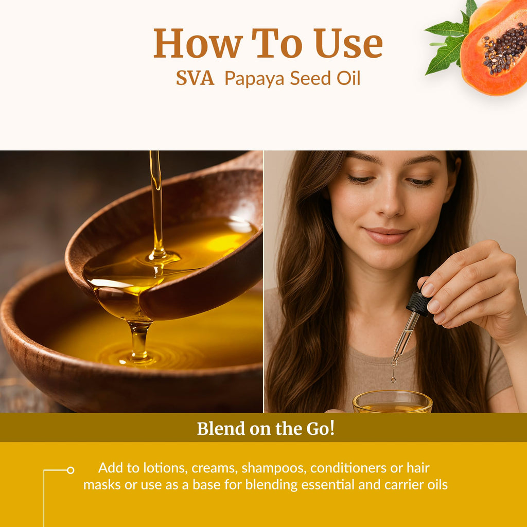 SVA Organics Papaya Seed Oil - 4oz Cold-Pressed Carrier Oil with Dropper for Face, Skin & Hair