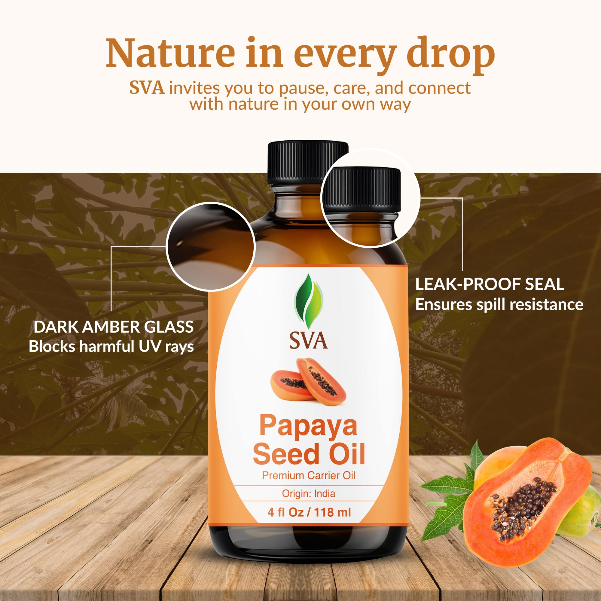 SVA Organics Papaya Seed Oil - 4oz Cold-Pressed Carrier Oil with Dropper for Face, Skin & Hair