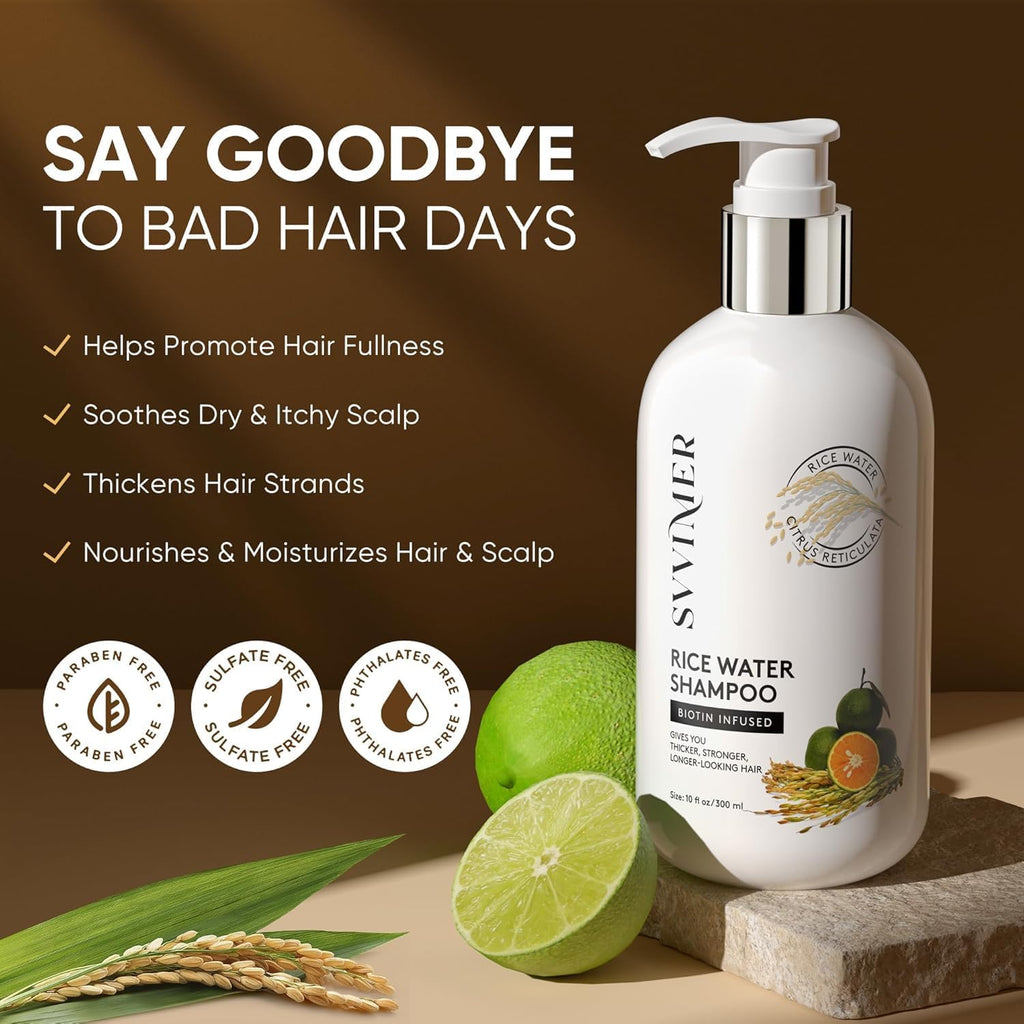 Svvimer Rice Water Hair Growth Shampoo - Biotin Thickening, Sulfate Free, 10 oz