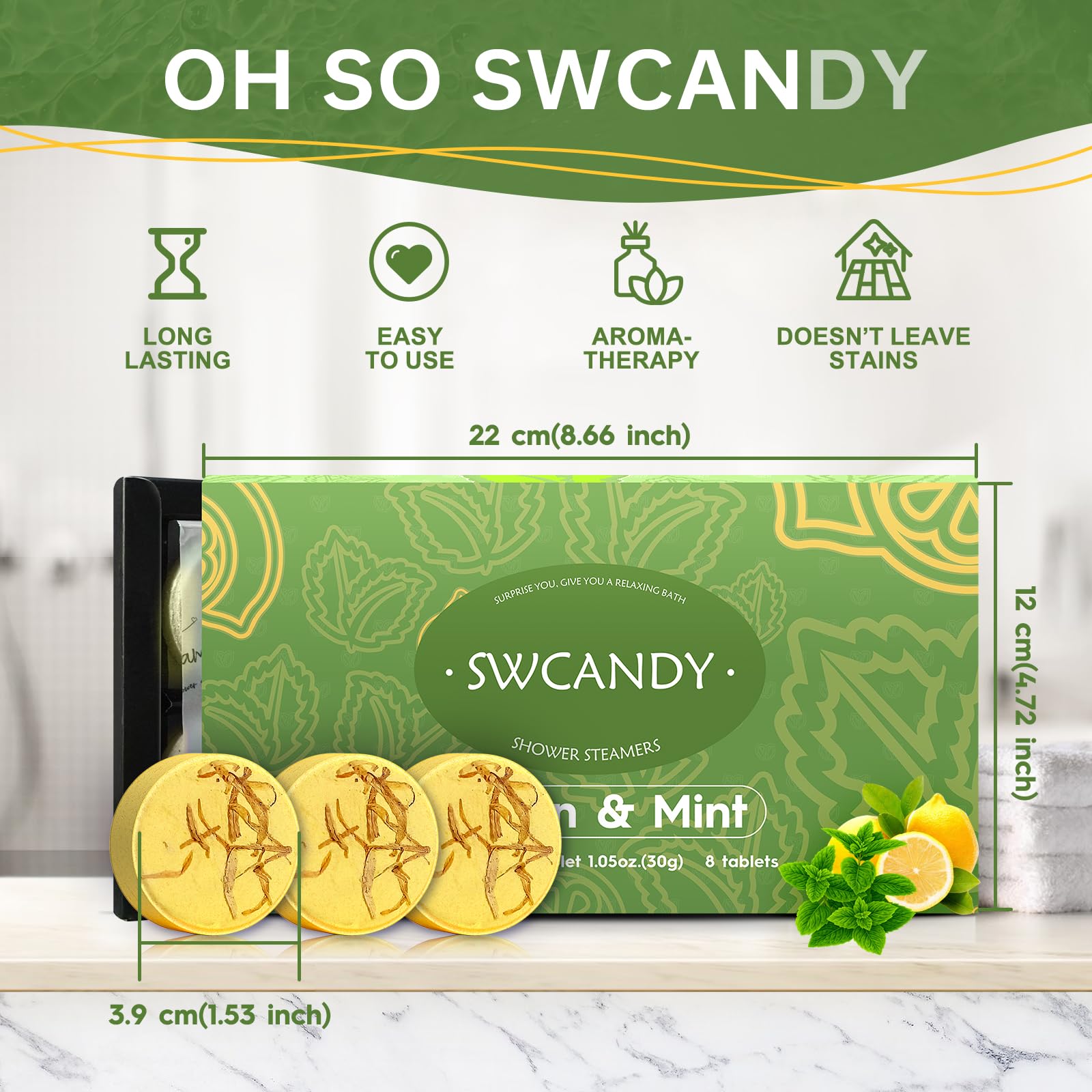 SWCANDY Shower Steamers Aromatherapy – Lemon Mint (8 pcs) Gift for Women