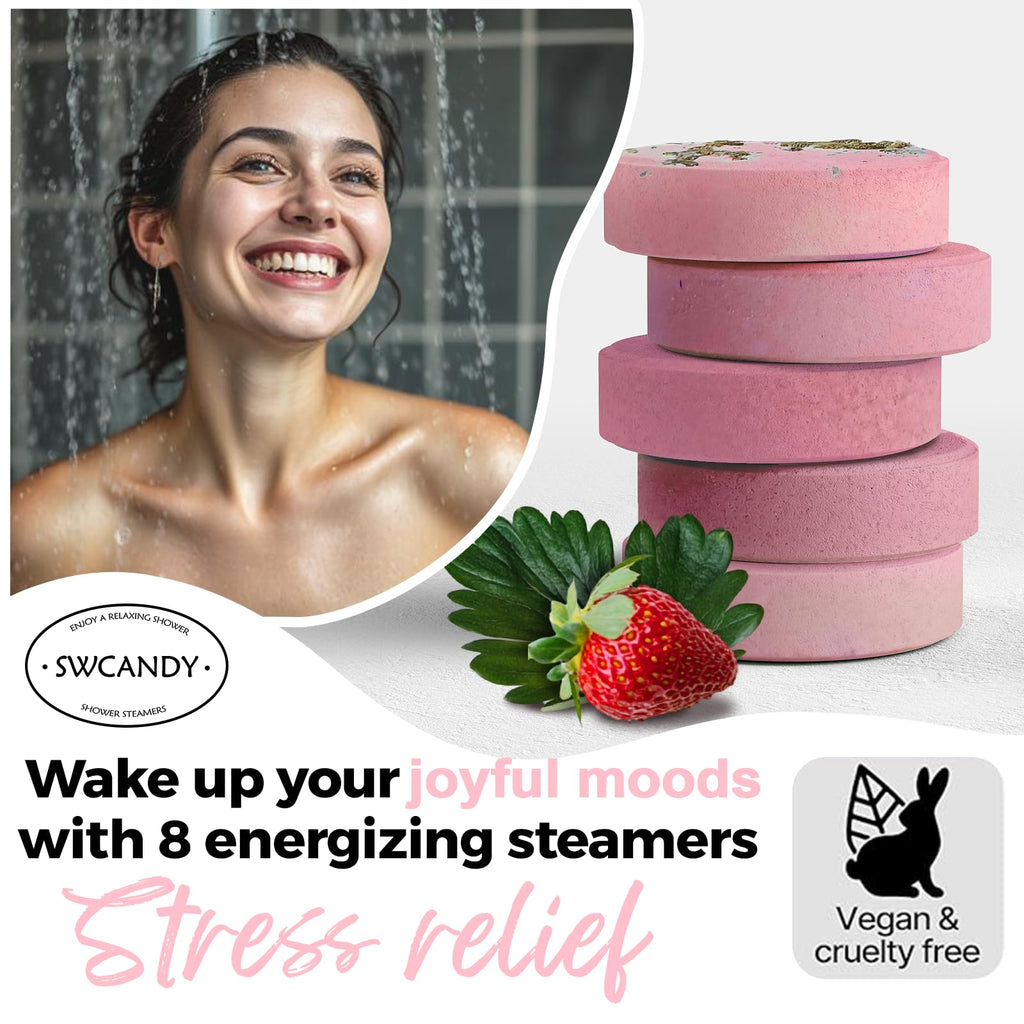 SWCANDY Shower Steamers – Aromatherapy Bath Bombs for Women, 8 Pcs Strawberry, Travel Essentials