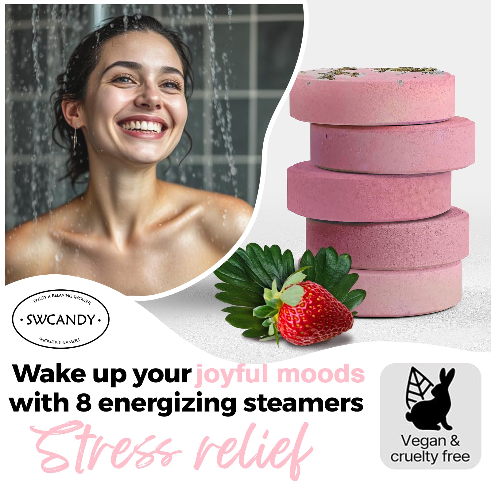SWCANDY Shower Steamers – Aromatherapy Bath Bombs for Women, 8 Pcs Strawberry, Travel Essentials
