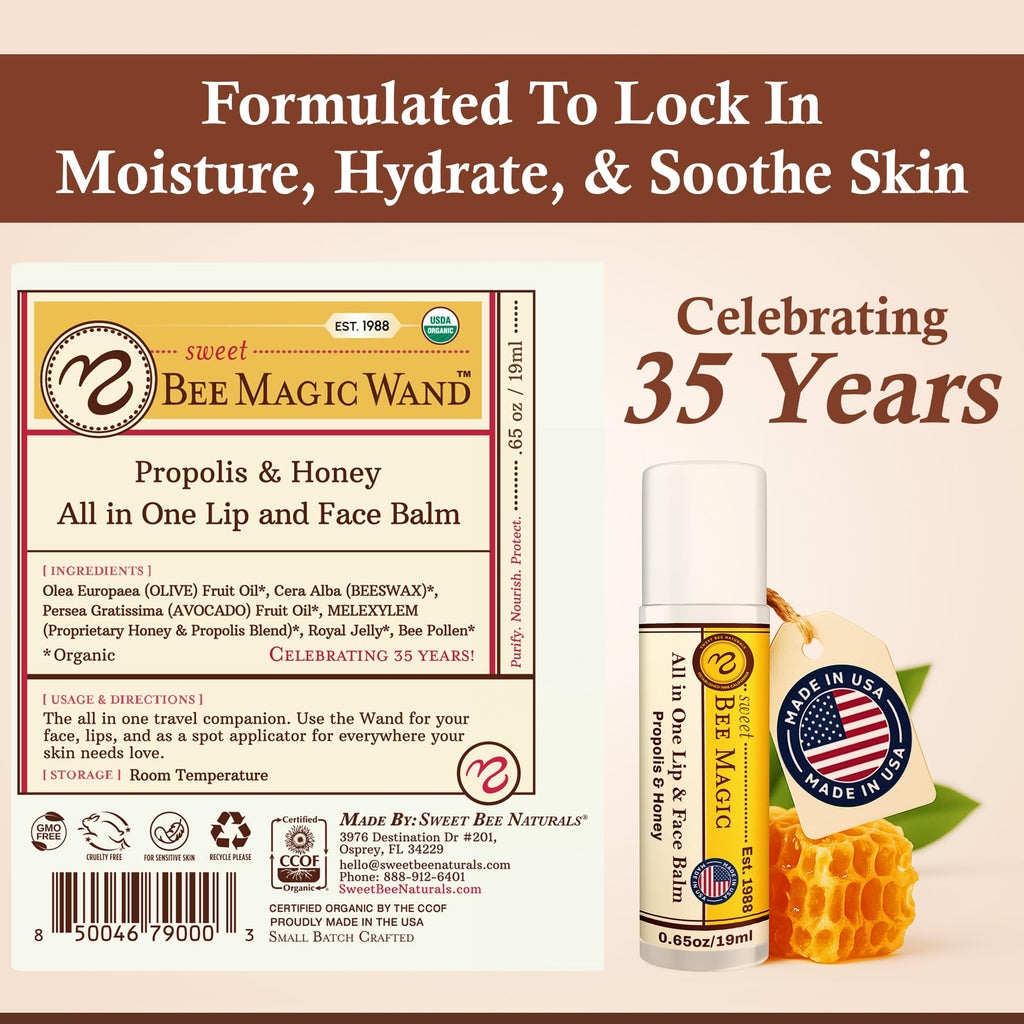 Sweet Bee Naturals Organic Beeswax Lip Balm – Honey & Propolis Moisturizing Stick | Pack of 3