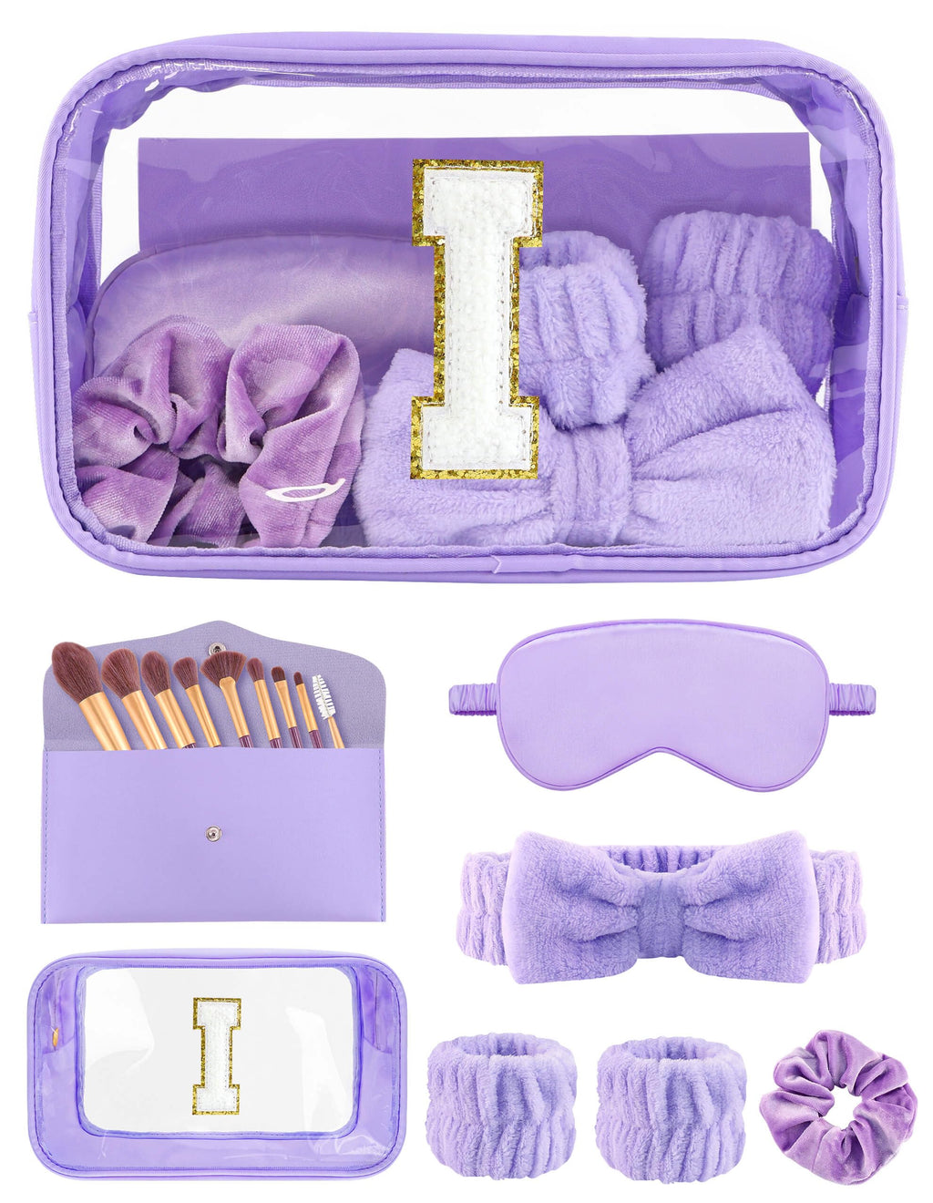 Sweet Lion Gift Sets for Women — Initial Makeup Bag + Brush Set, Purple Spa Kit, Sleepover Party Favors