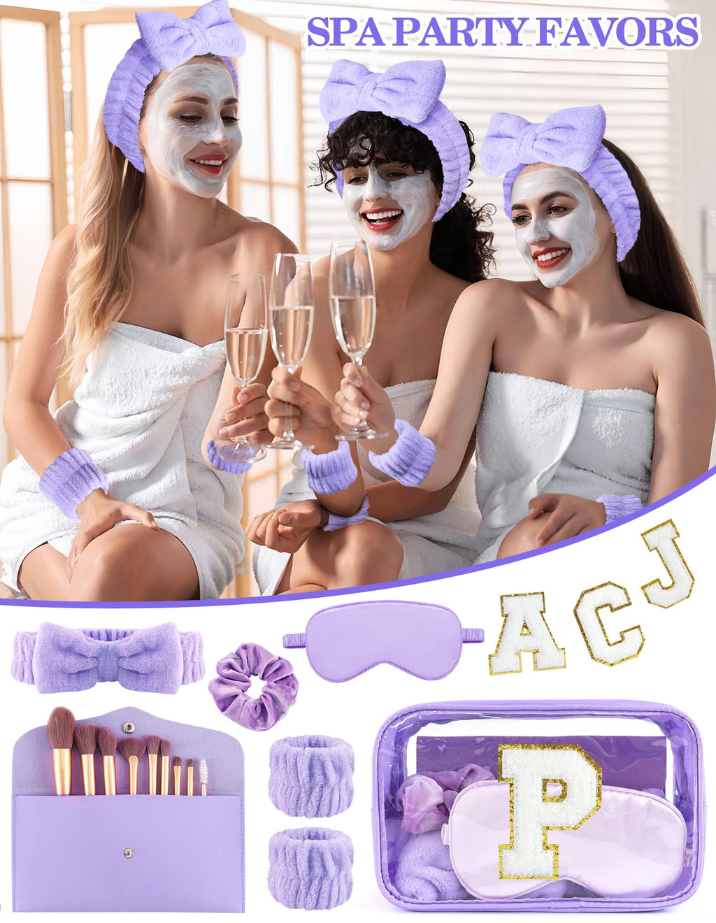 Sweet Lion Gift Sets for Women – Initial Makeup Bag & Brush Set | Purple Spa Kit for Sleepovers
