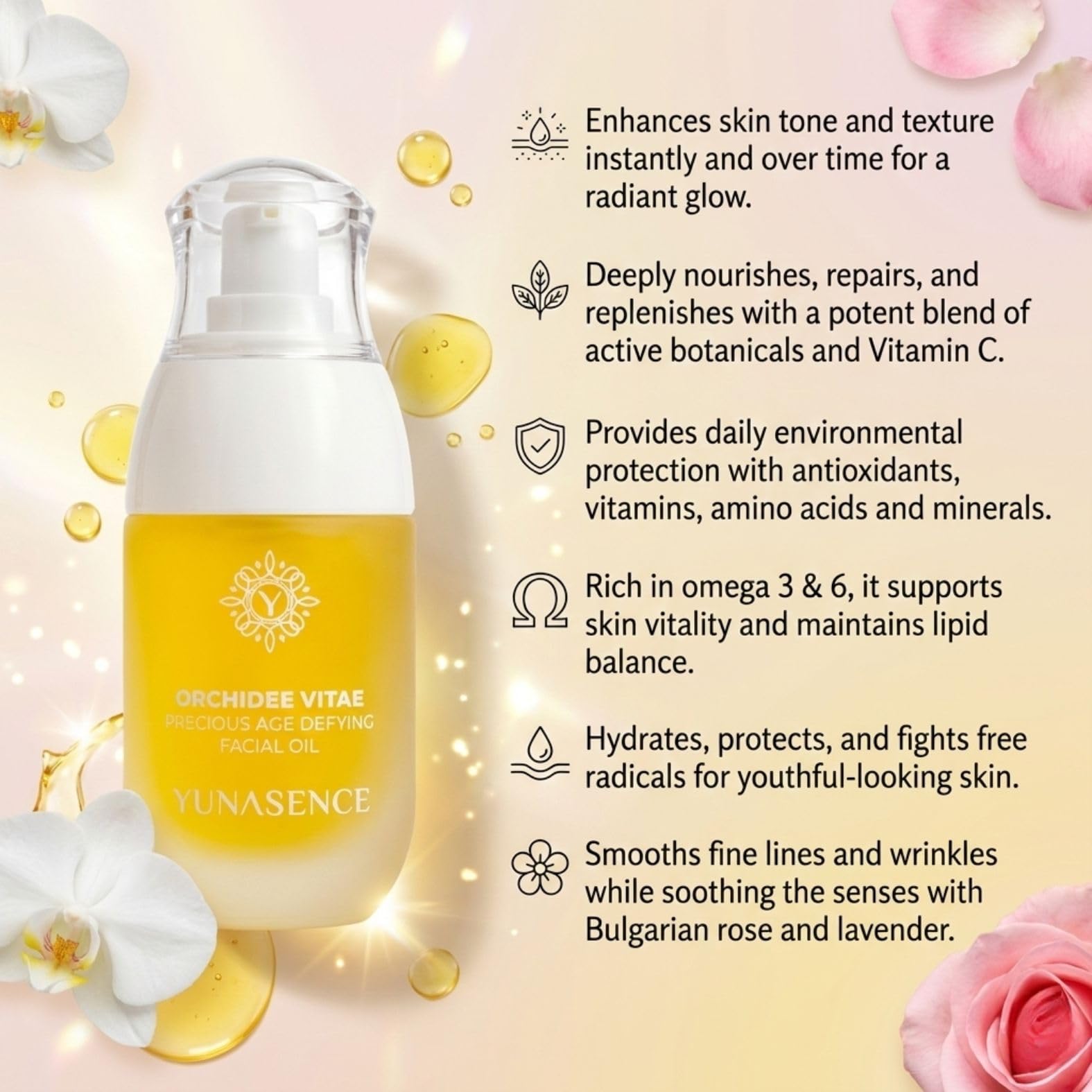 Sweetsation Therapy YUNASENCE ORCHIDEE VITAE Organic Anti-Aging Face Oil Serum – Orchid Flower, Rose Absolute, Argan