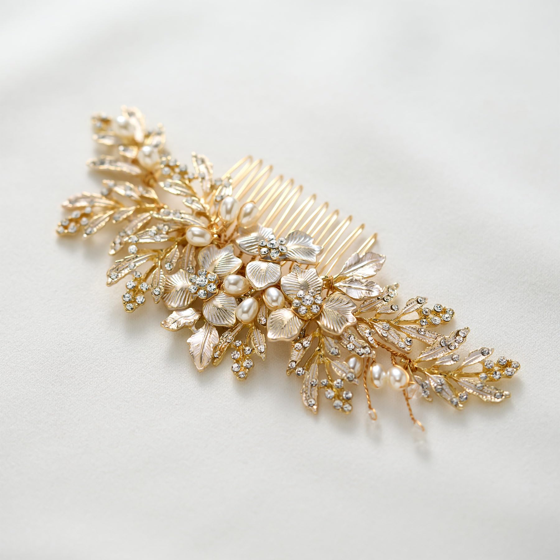 SWEETV Handmade Wedding Hair Comb Clip – Rhinestone Pearl with Gold Leaves