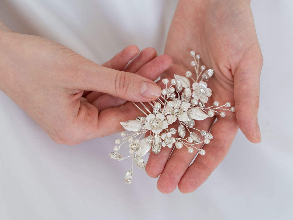 SWEETV Silver Bridal Hair Comb with Crystals & Pearls – Handmade Wedding Accessory