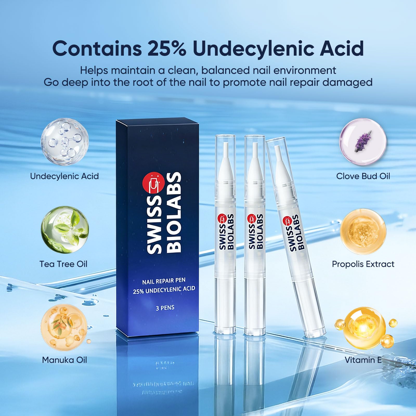 Swiss Biolabs Nail Fungus Pen: 25% Undecylenic Acid & Tea Tree Oil for Nail Repair & Strength