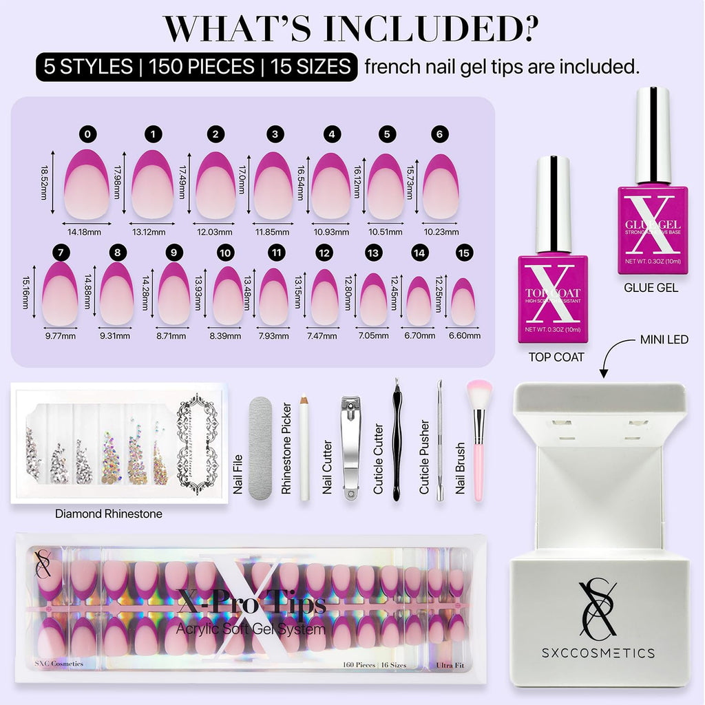 SXC Cosmetics French Tip Press On Nails – Purple Series, Short Almond, X-Pro Tips Starter Kit | 160PCS, 16 Sizes, 5 Styles, Beginner-Friendly