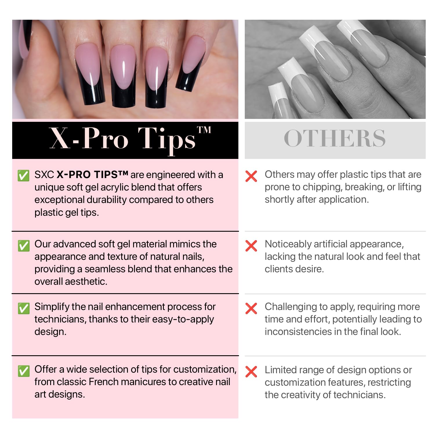 SXC Black Series French Tip Press-On Nails – Extra Short Almond, X-Pro Tips Starter Kit (160pcs)