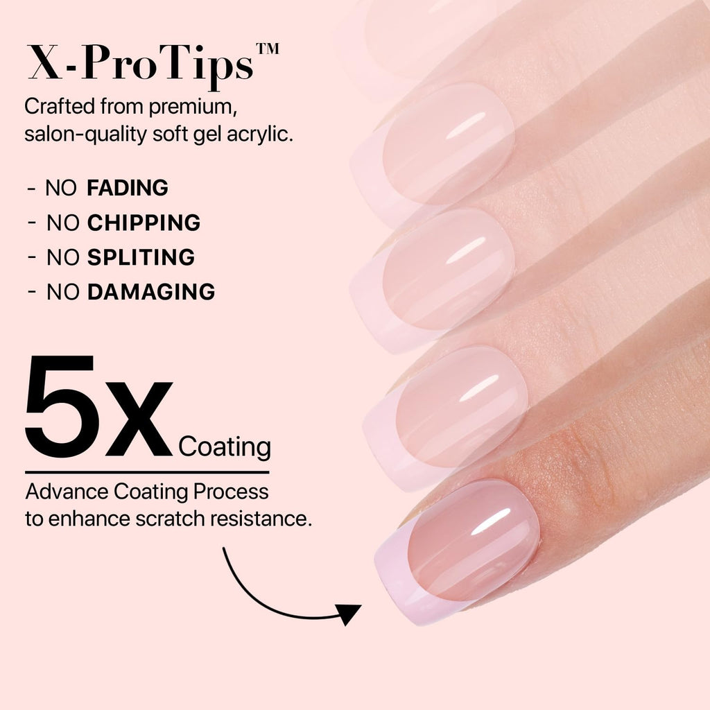 SXC Cosmetics French Tip Press-On Nails – Skin Tone Nude & Color Series | XS Square X-Pro Tips Starter Kit ST113KIT