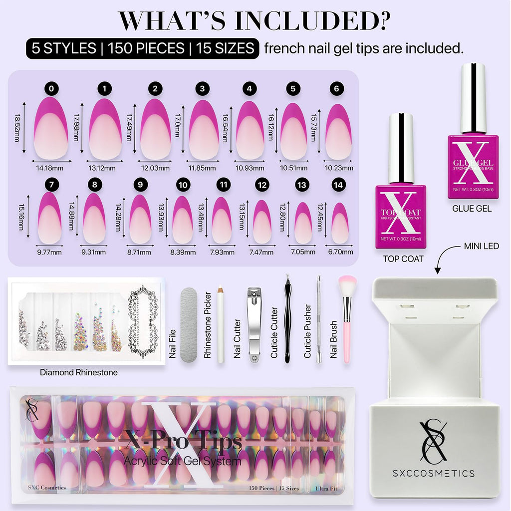 SXC Cosmetics Purple Series French Tip Press On Nails – Medium Almond, X-Pro Tips Starter Kit (150pcs)