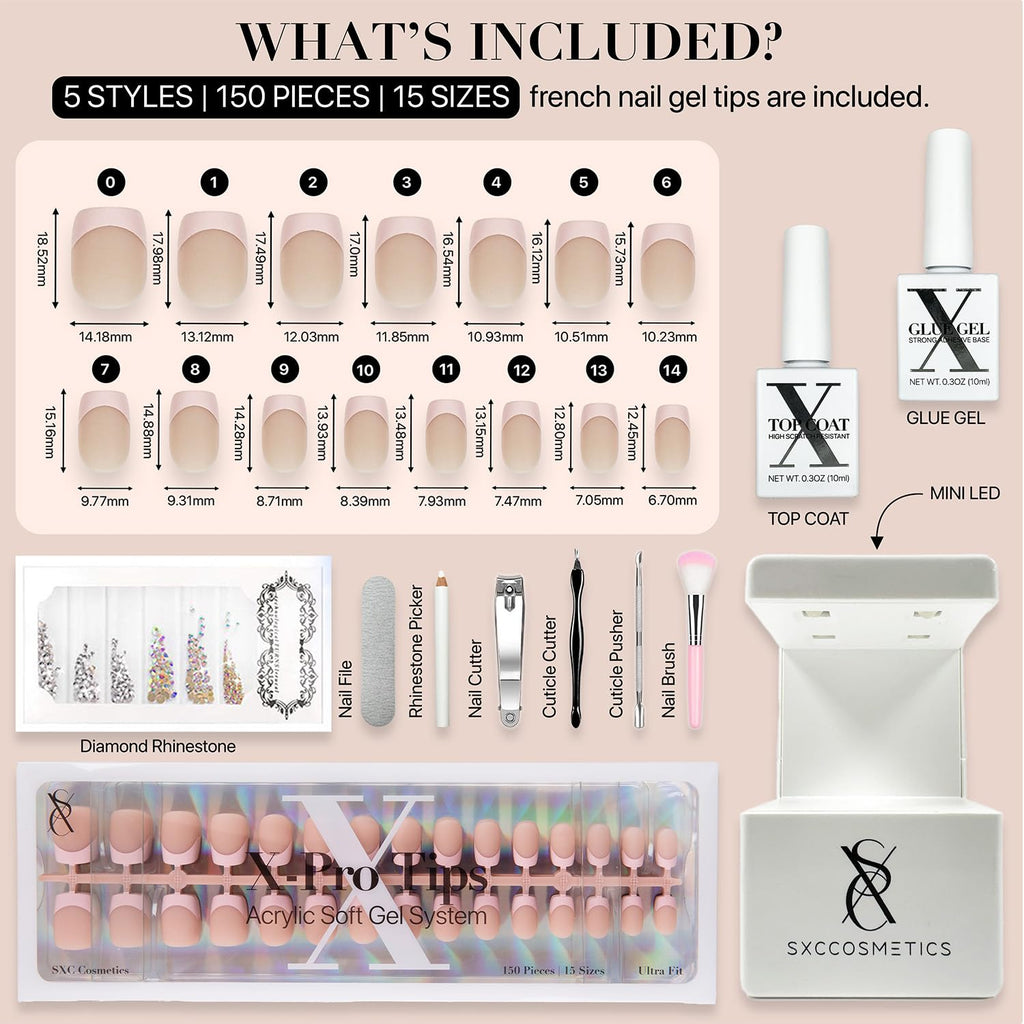 SXC Cosmetics French Tip Press-On Nails – Skin Tone Nude & Color Series | XS Square X-Pro Tips Starter Kit ST113KIT