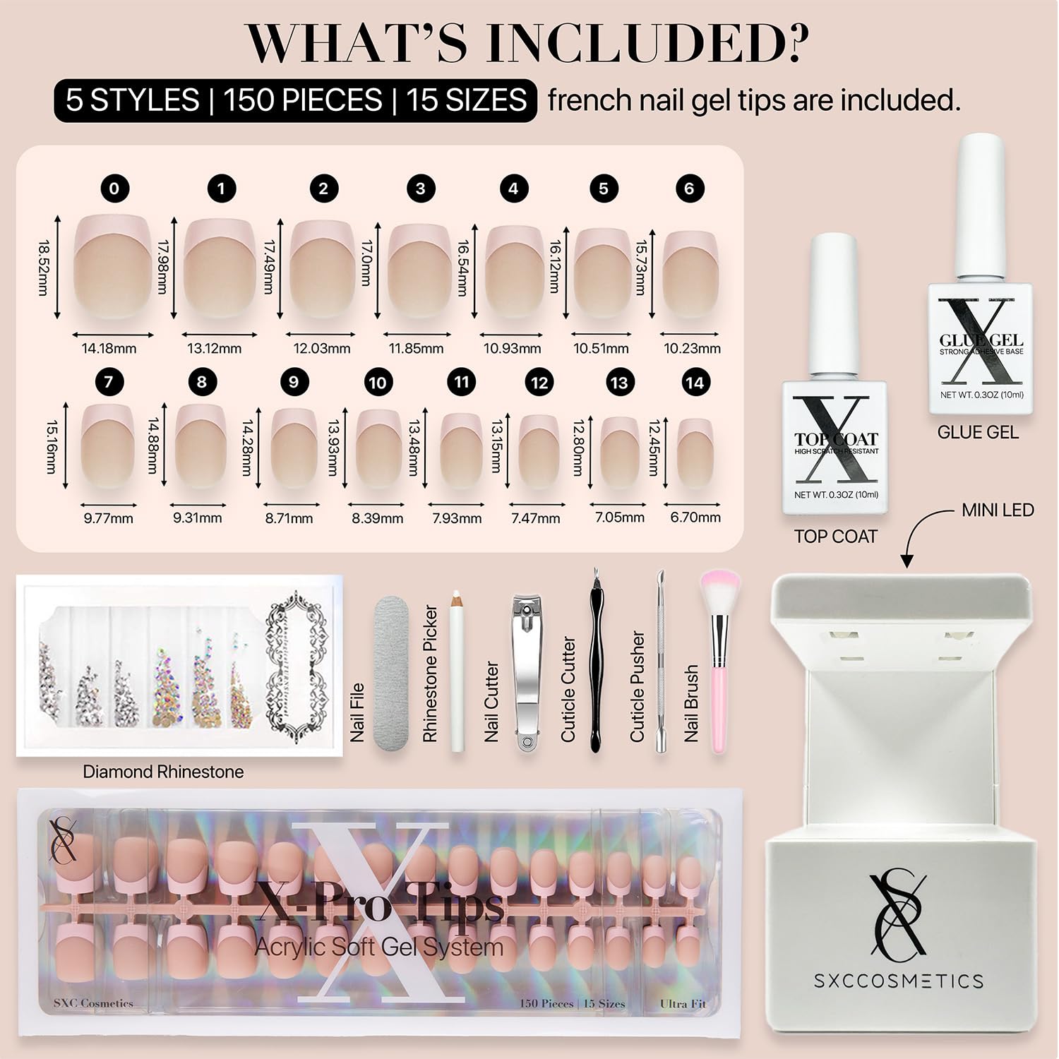 SXC Cosmetics French Tip Press-On Nails – Skin Tone Nude & Color Series | XS Square X-Pro Tips Starter Kit ST113KIT
