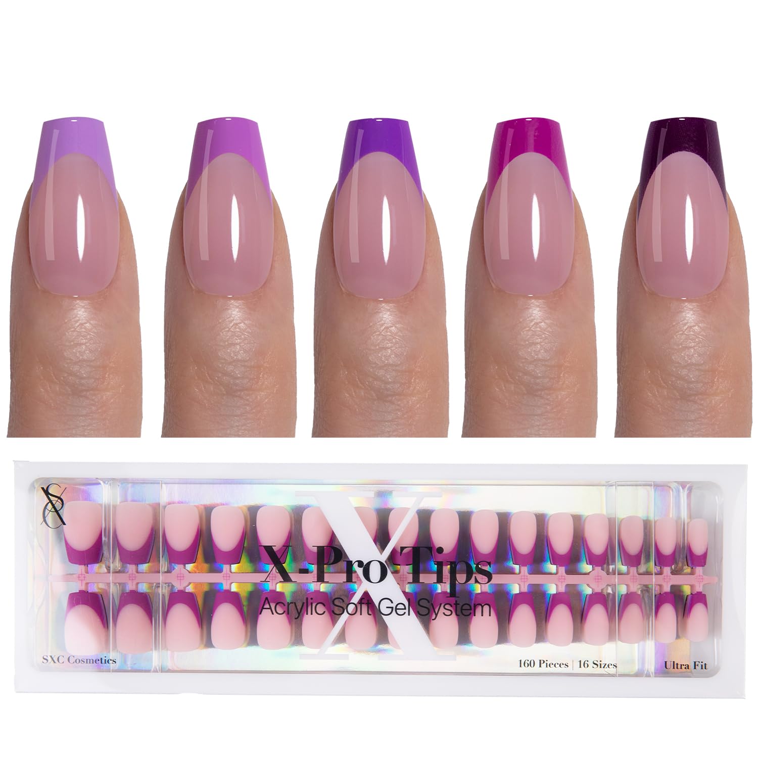 SXC French Tip Press On Nails – 150-Piece Ultra Fit Kit, 15 Sizes, Pre-Applied Primer & Base Coat (Coffin 5PURPLE119-S)