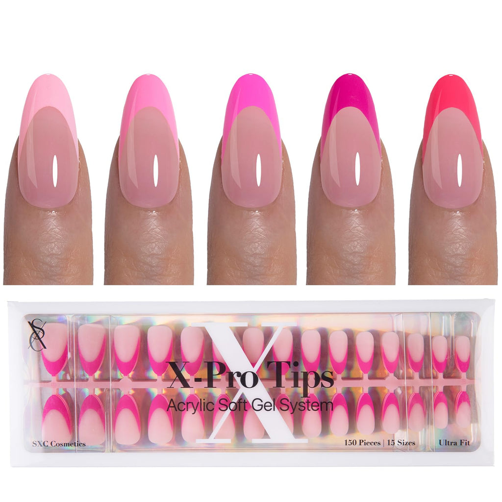 SXC French Tip Press On Nails – 150-Piece Ultra Fit Kit with Pre-applied Primer & Base Coat (5PINK115-M Almond)