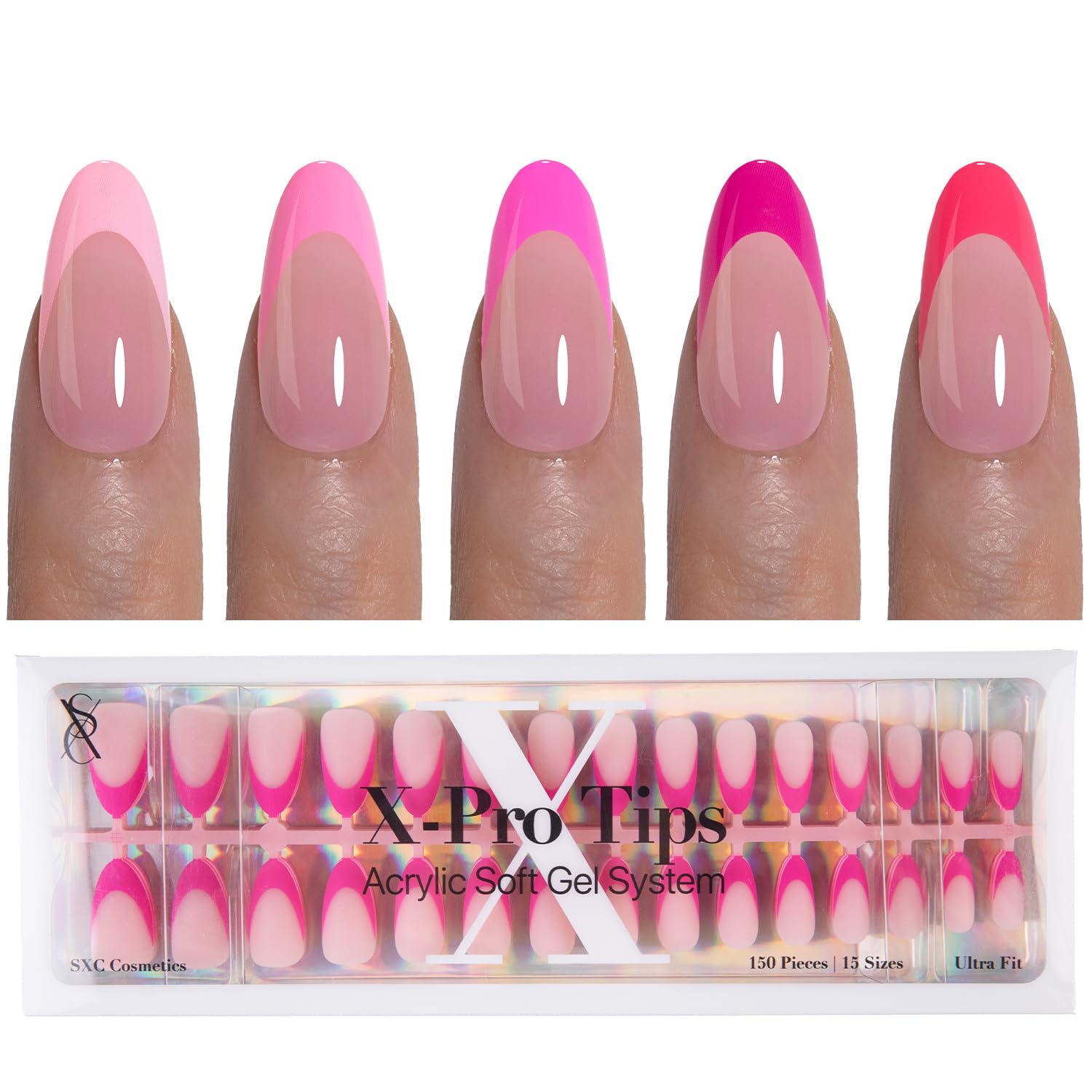 SXC French Tip Press On Nails – 150-Piece Ultra Fit Kit with Pre-applied Primer & Base Coat (5PINK115-M Almond)