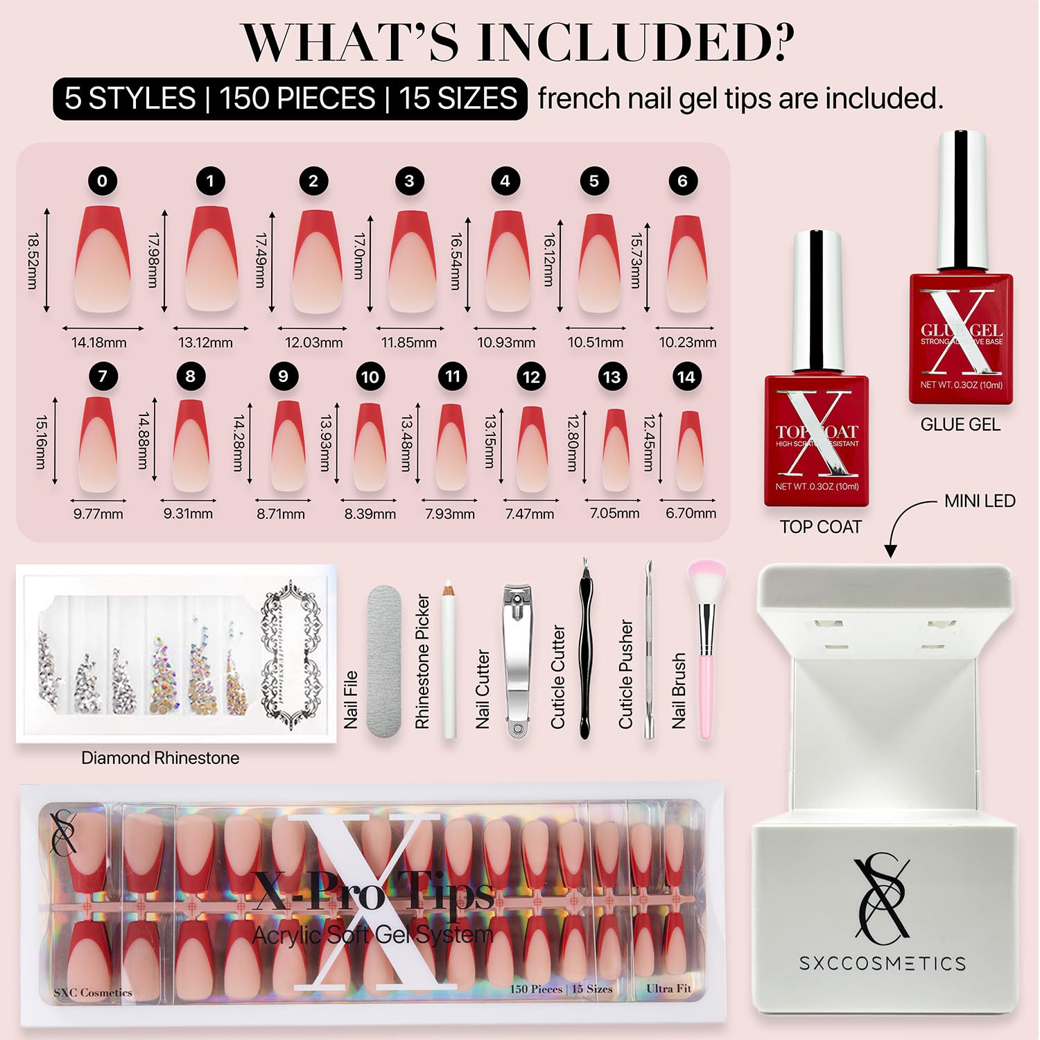 SXC Cosmetics X-Pro Tips French Tip Press-On Nails – French Red Edition, Coffin Shape (RED120KIT-M)