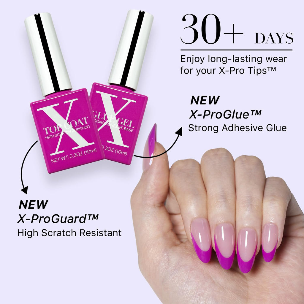 SXC Cosmetics Purple Series French Tip Press On Nails – Medium Almond, X-Pro Tips Starter Kit (150pcs)