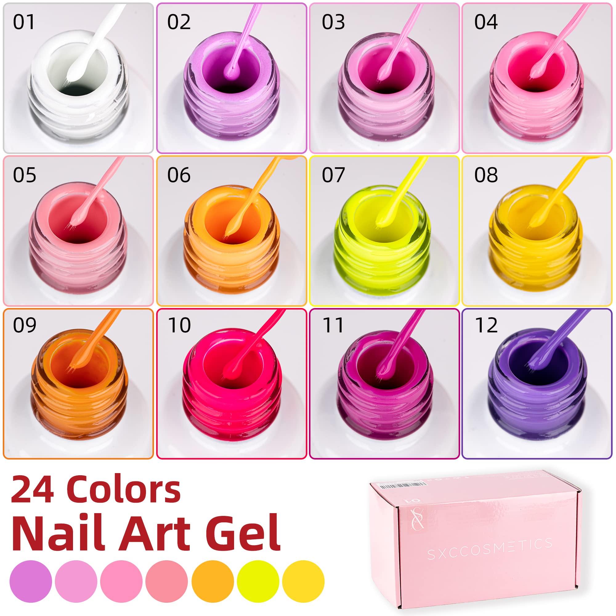 SXC Cosmetics 24-Color Gel Liner Set with Built-in Brush – Soak-Off Gel Polish for Nail Art