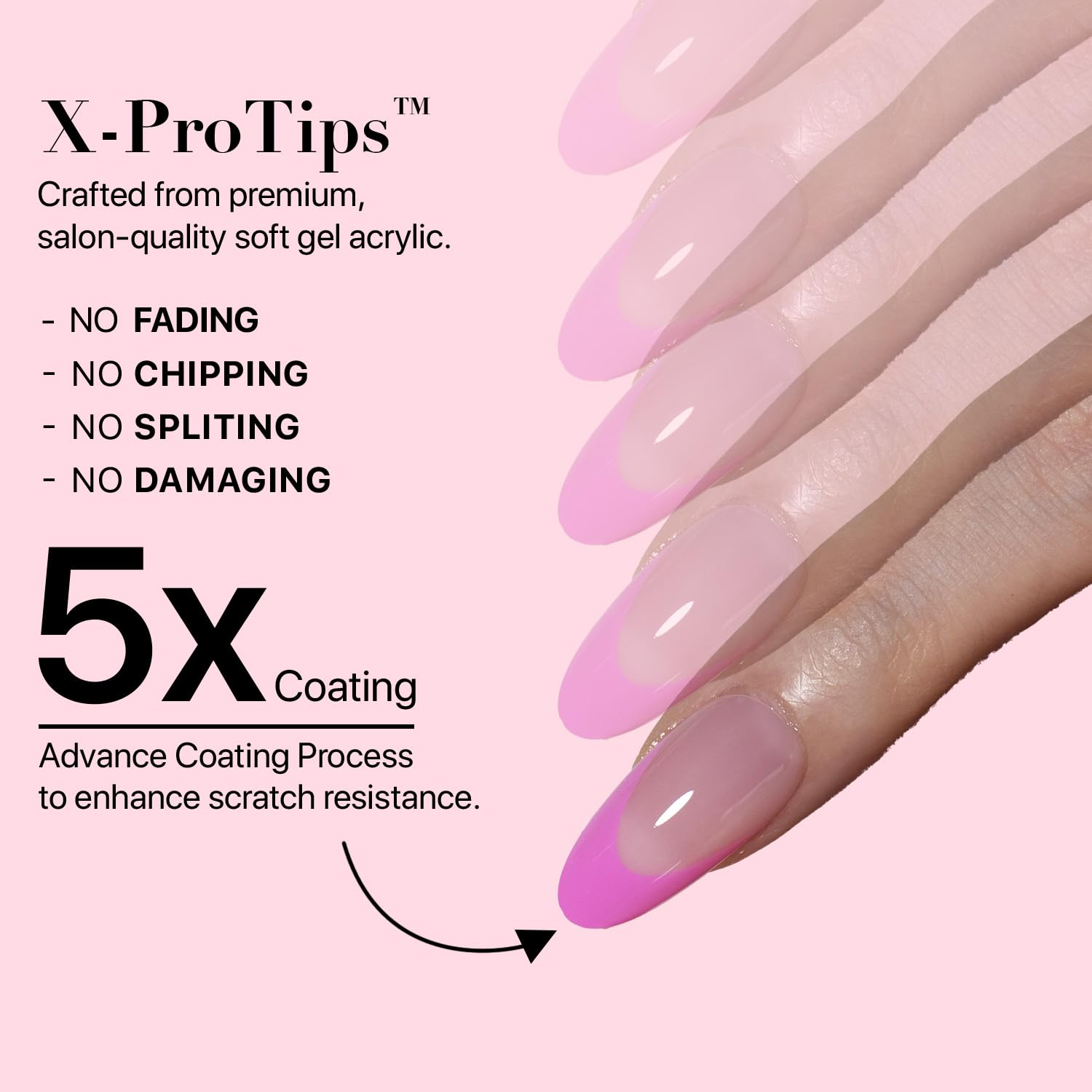 SXC French Tip Press On Nails – 150-Piece Ultra Fit Kit with Pre-applied Primer & Base Coat (5PINK115-M Almond)