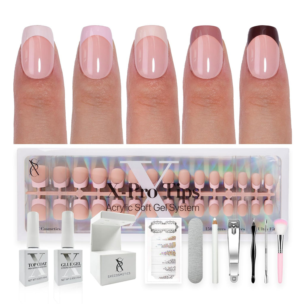 SXC Cosmetics French Tip Press-On Nails – Skin Tone Nude & Color Series | XS Square X-Pro Tips Starter Kit ST113KIT
