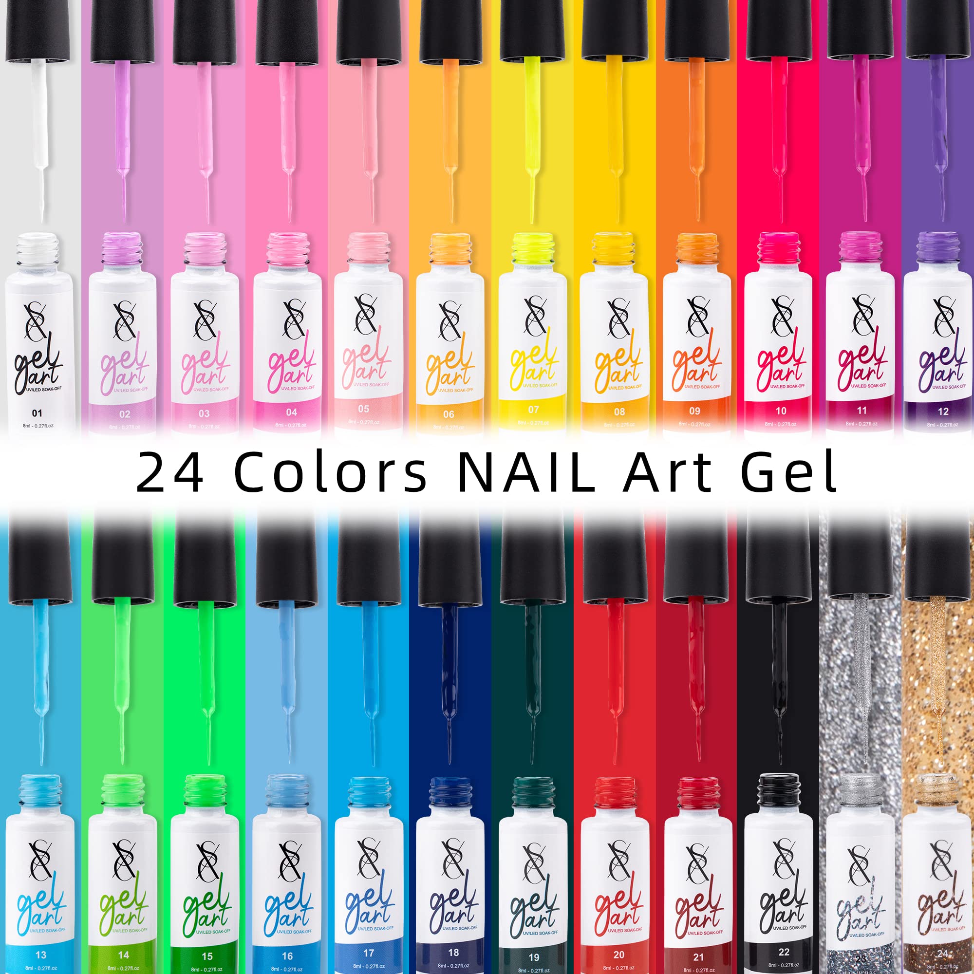 SXC Cosmetics 24-Color Gel Liner Set with Built-in Brush – Soak-Off Gel Polish for Nail Art