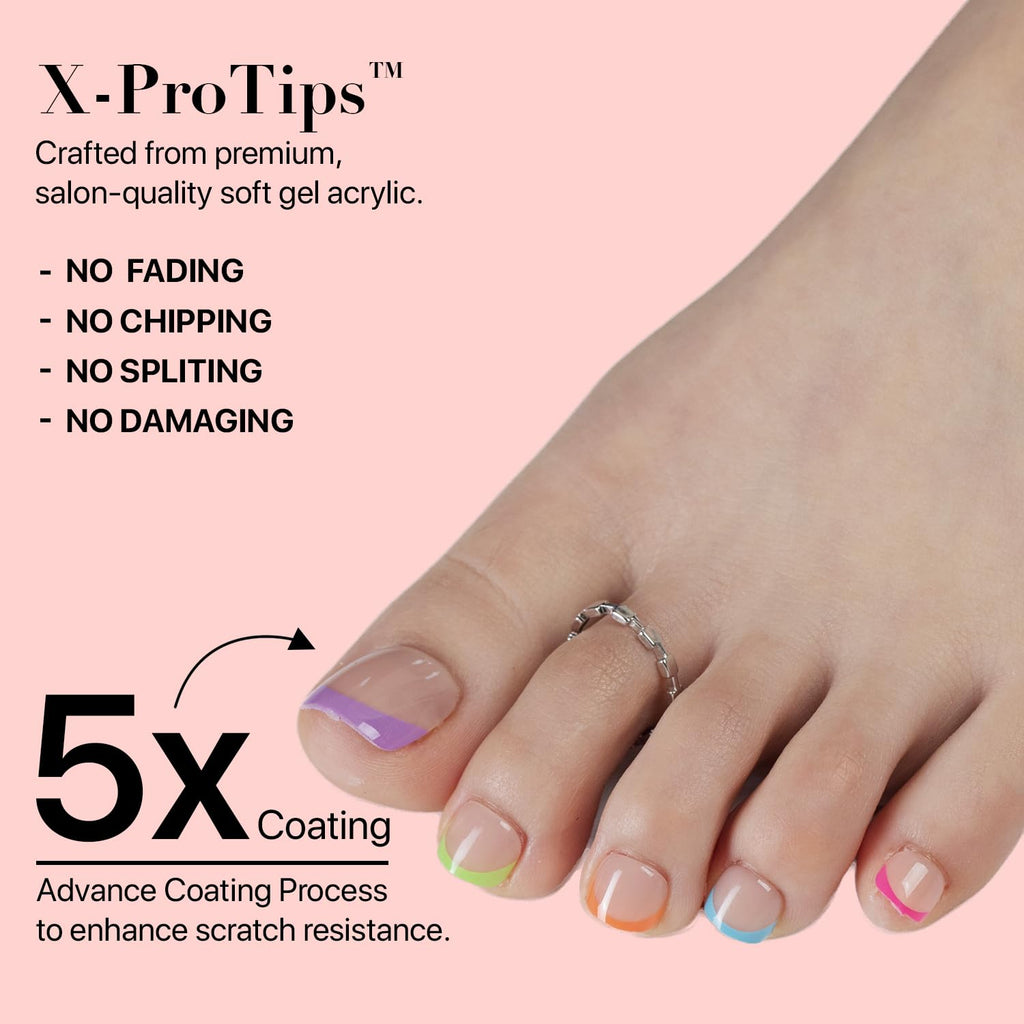 SXC Cosmetics X-Pro Tips French Tip Press-On Toenails – Short Pastel Glow (Soft Gel System)