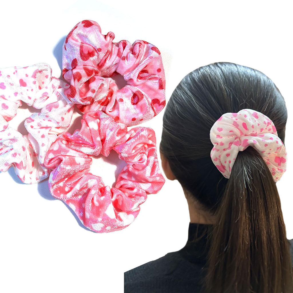 syyoo Valentine's Day Hair Ties - Red Heart Scrunchies, Pink Soft Elastic Hair Bands for Women & Girls