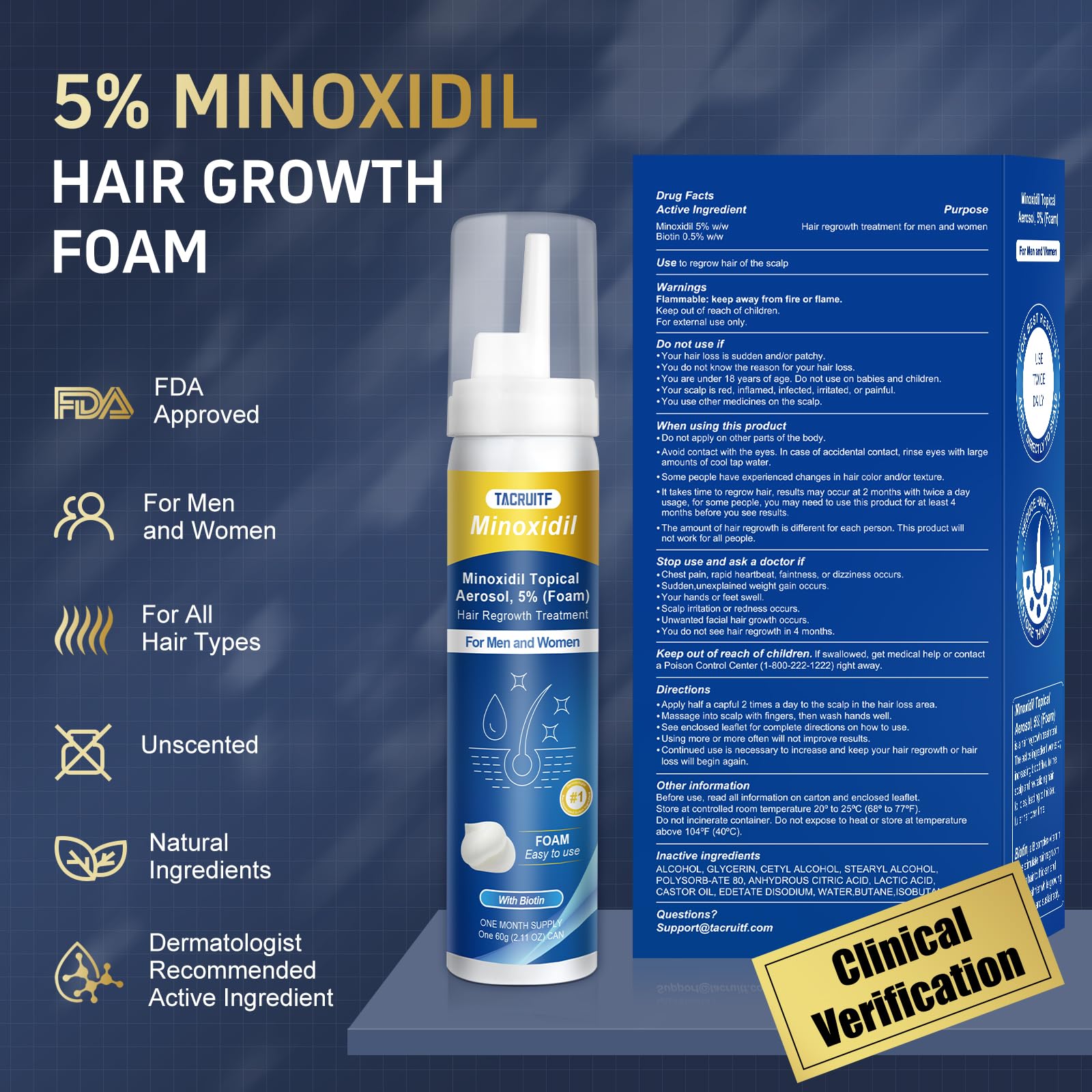 Tacruitf 4-Pack Minoxidil Foam 5% – Hair & Beard Growth, Biotin-Infused, 8.44 oz