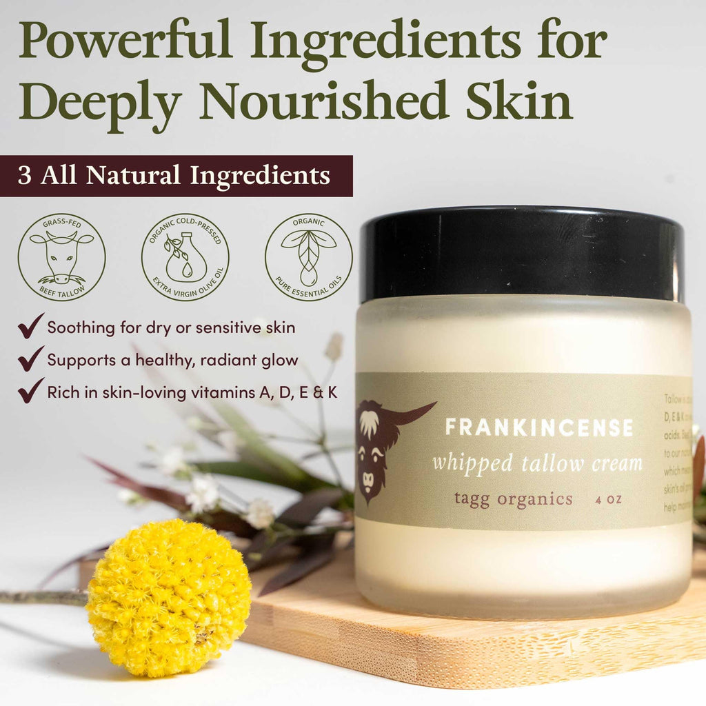 TAGG ORGANICS Organic Whipped Tallow Cream – Frankincense, 100% Grass-Fed, Deep Moisture, 4 oz
