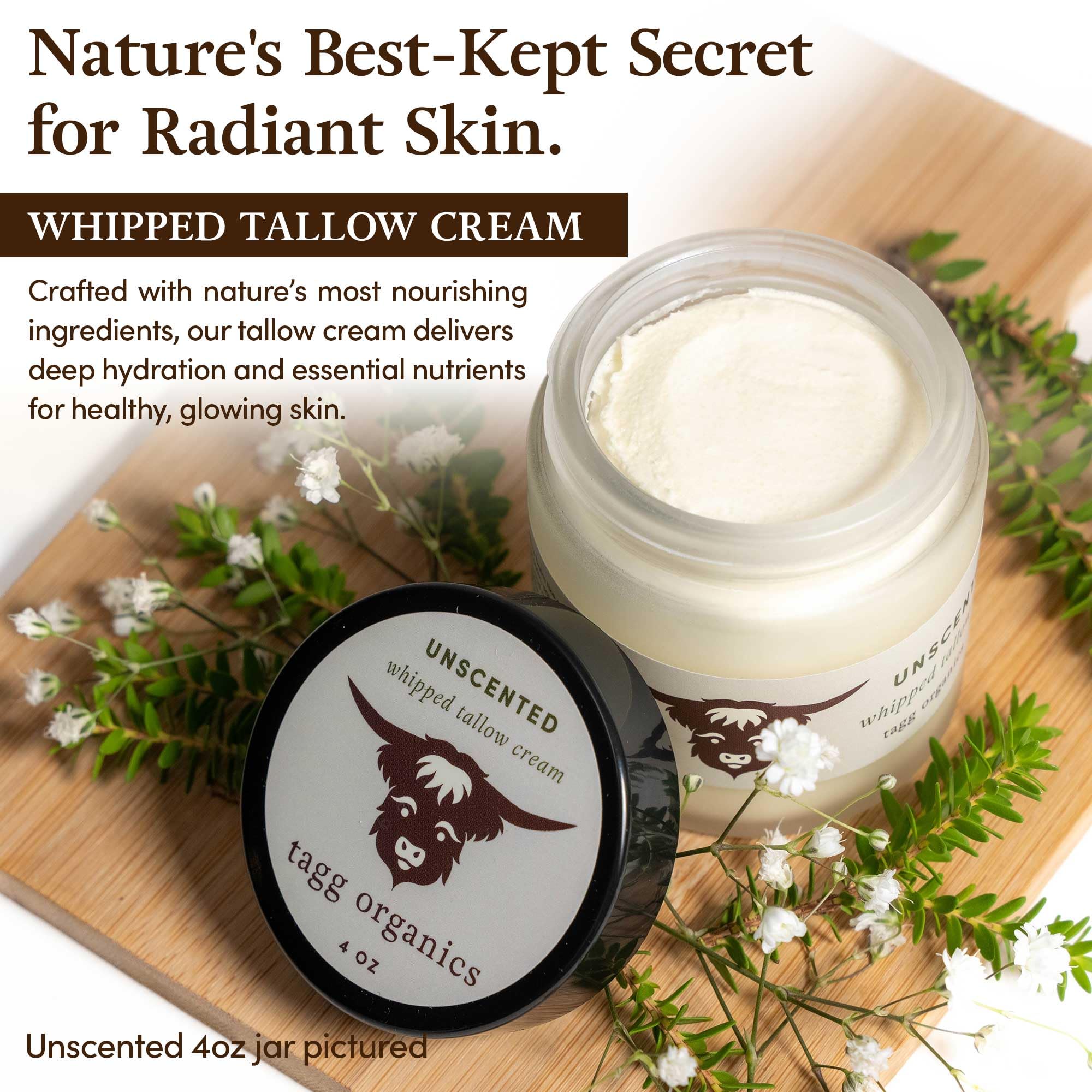 TAGG ORGANICS Organic Whipped Tallow Cream – Frankincense, 100% Grass-Fed, Deep Moisture, 4 oz