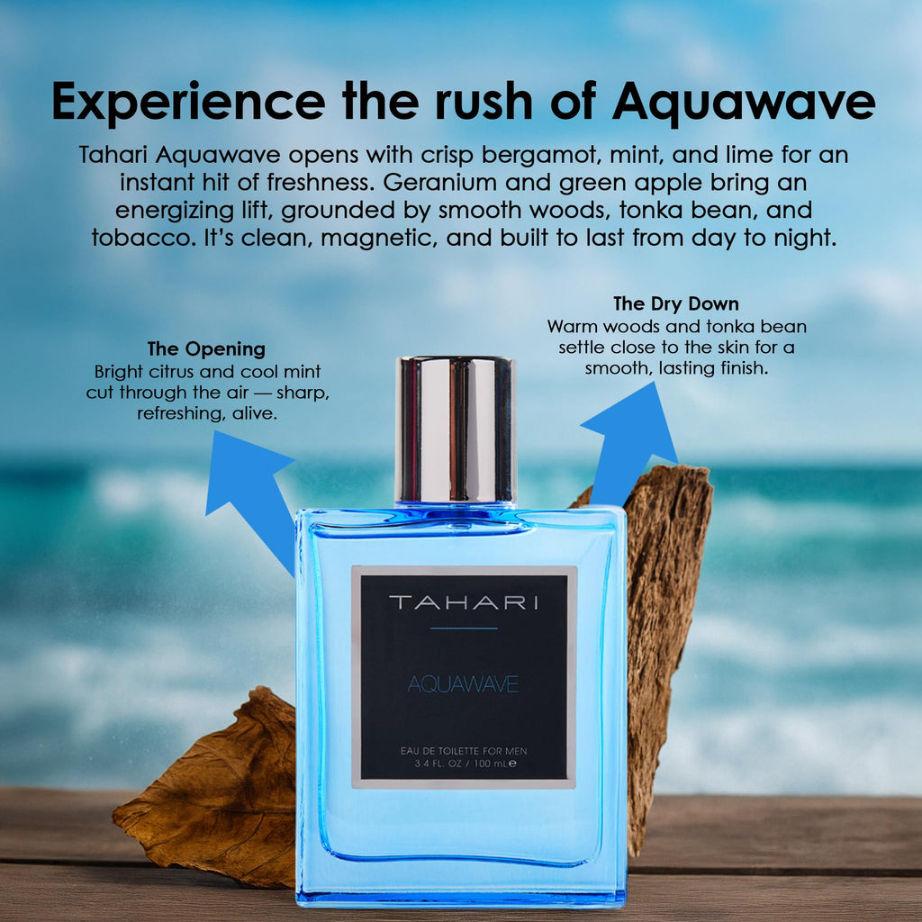 TAHARI Aquawave Eau de Toilette for Men – Long-Lasting Fresh Aquatic Scent with Bergamot, Marine & Cedarwood