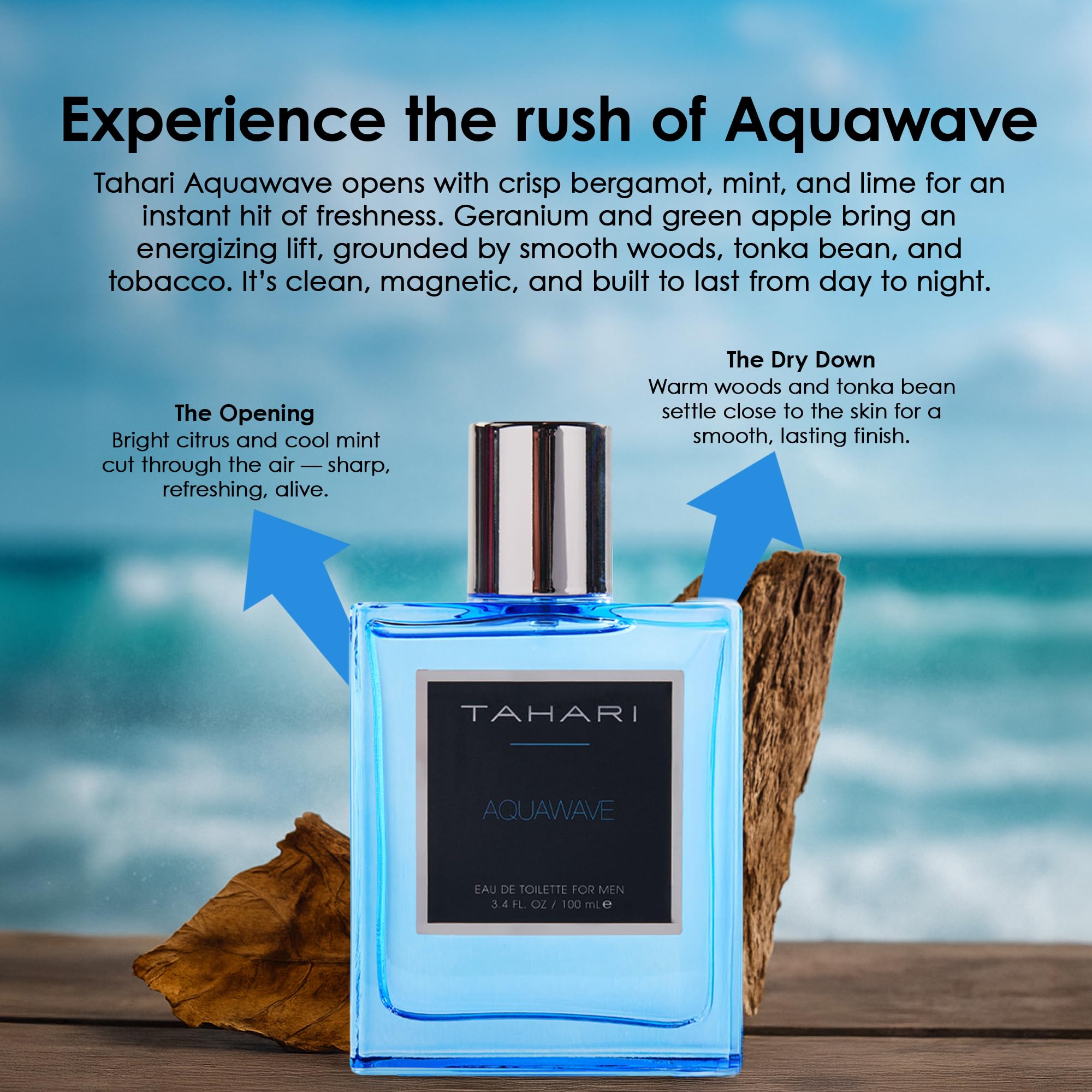 TAHARI Aquawave Eau de Toilette for Men – Long-Lasting Fresh Aquatic Scent with Bergamot, Marine & Cedarwood