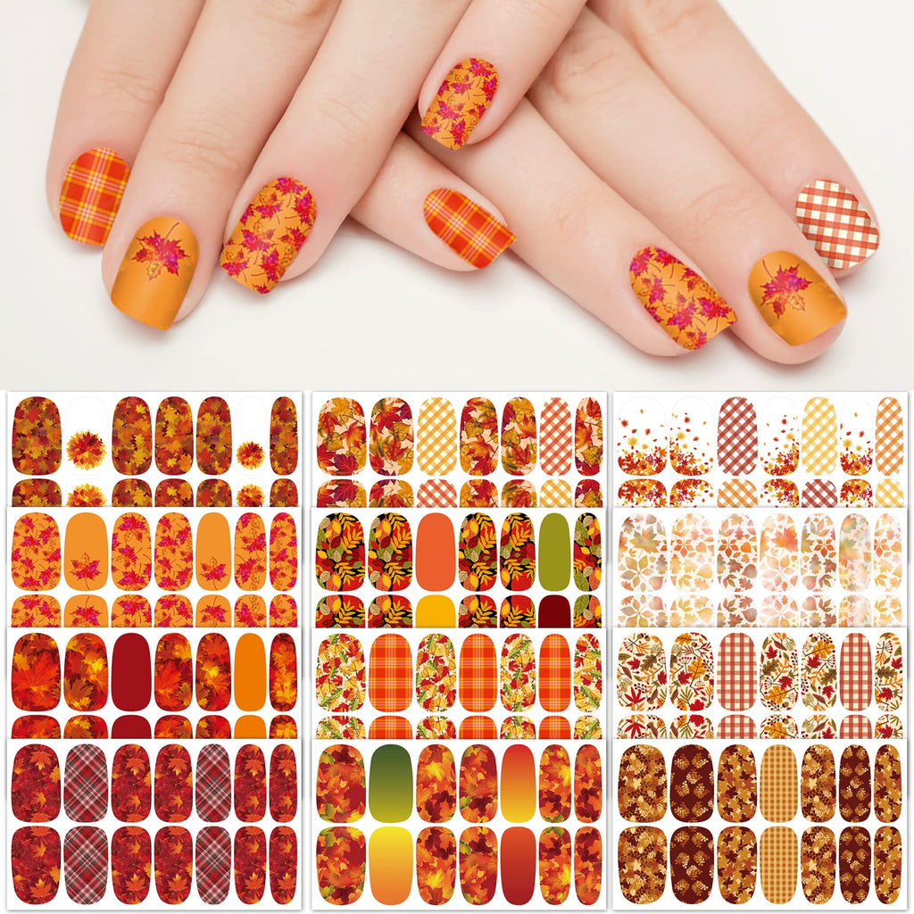 TailaiMei 12 Sheets Fall Nail Wraps – Self-Adhesive Autumn Nail Decals with Leaves & Plaid
