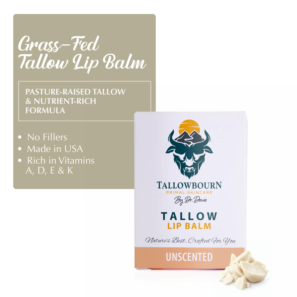 Tallowbourn Moisturizing Tallow Lip Balm – Grass-Fed Tallow, Coconut Oil, Vitamin E – Unscented 3-Pack